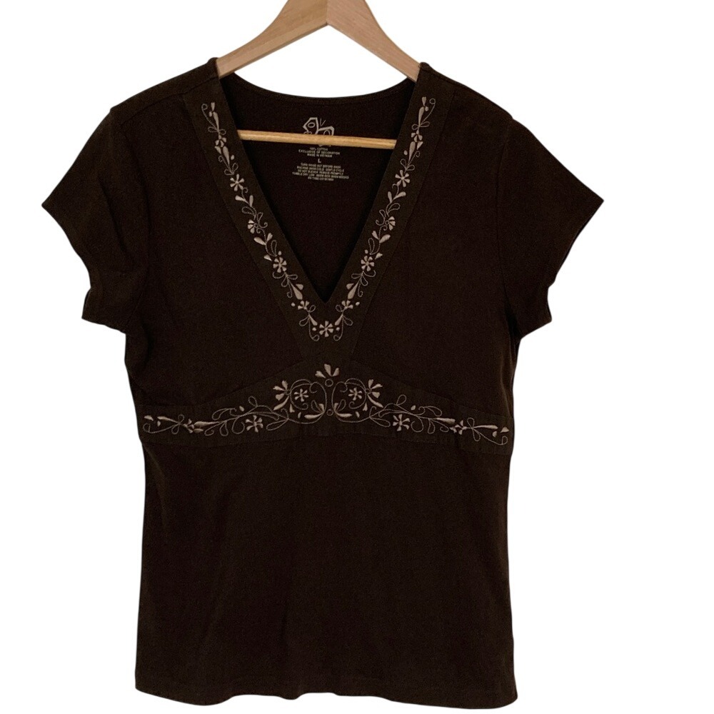 Womens Y2k Brown V-Neck Embroidered Short‎ Sleeve Top Size Large Babydoll